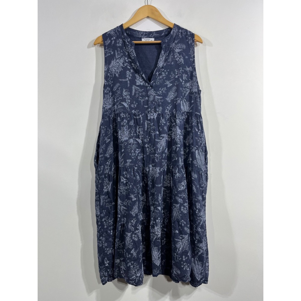 Rosemarine Resort Linen Butterfly Hummingbird Floral Tiered Midi Dress Medium